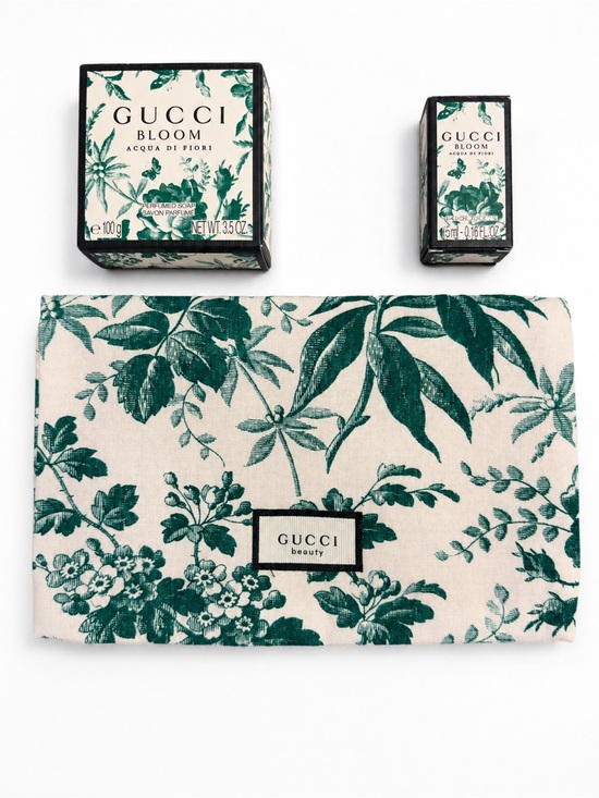Gucci Other - Gucci Bloom Acqua Di Fiori Cream & Green Floral Pouch with Bar Soap